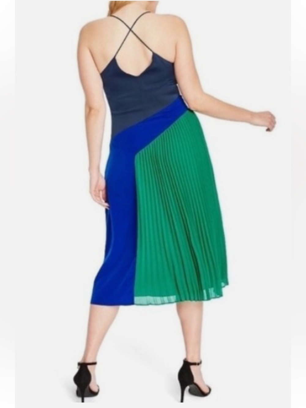 Cushnie x Target Blue & Green Colorblock Pleated Silky Midi Dress. Size 4 - Picture 3 of 15
